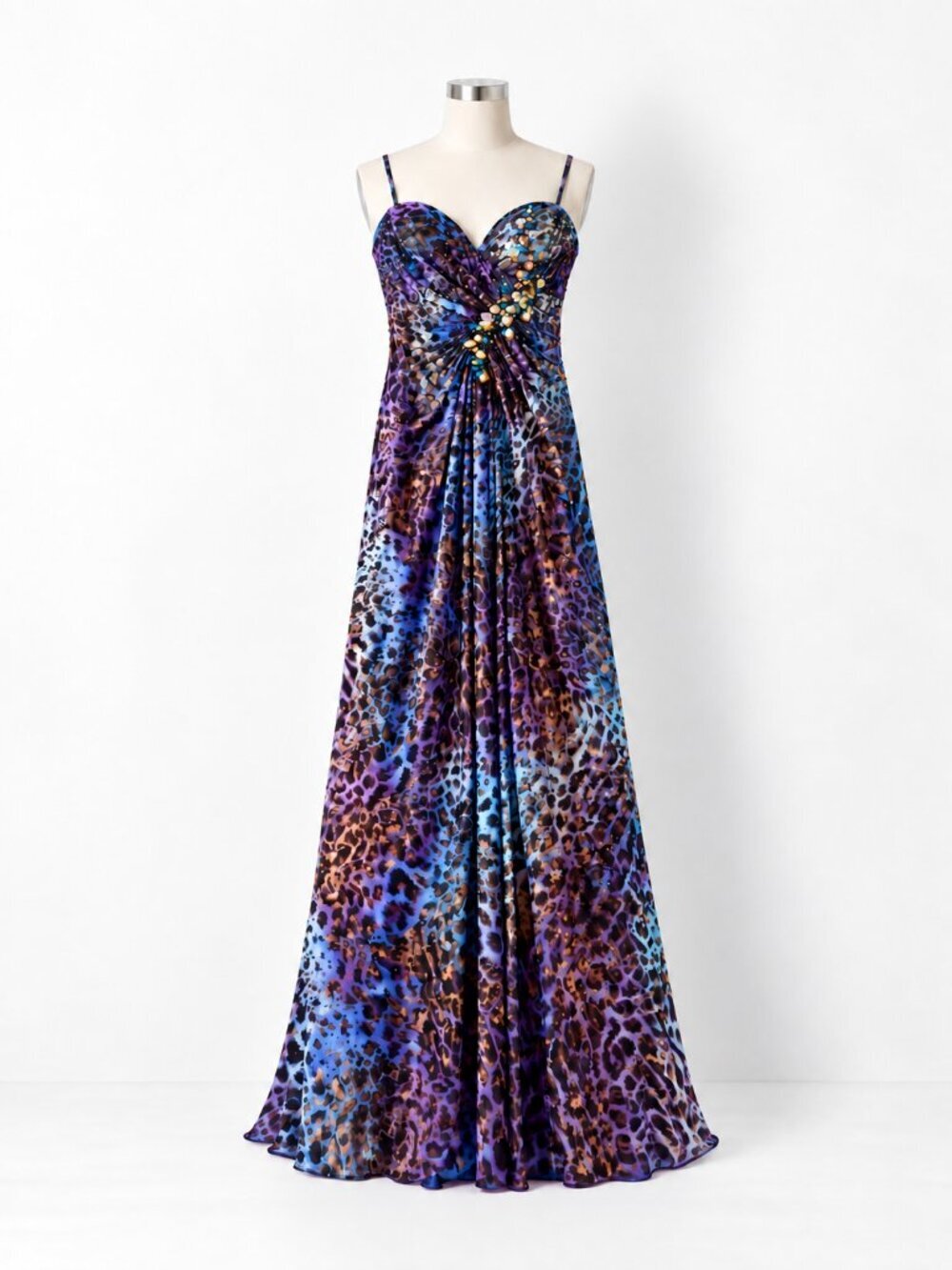 Vintage Tony Bowls Paris Blue Purple Leopard Jeweled Maxi Gown 12 Fits 4 to 6
